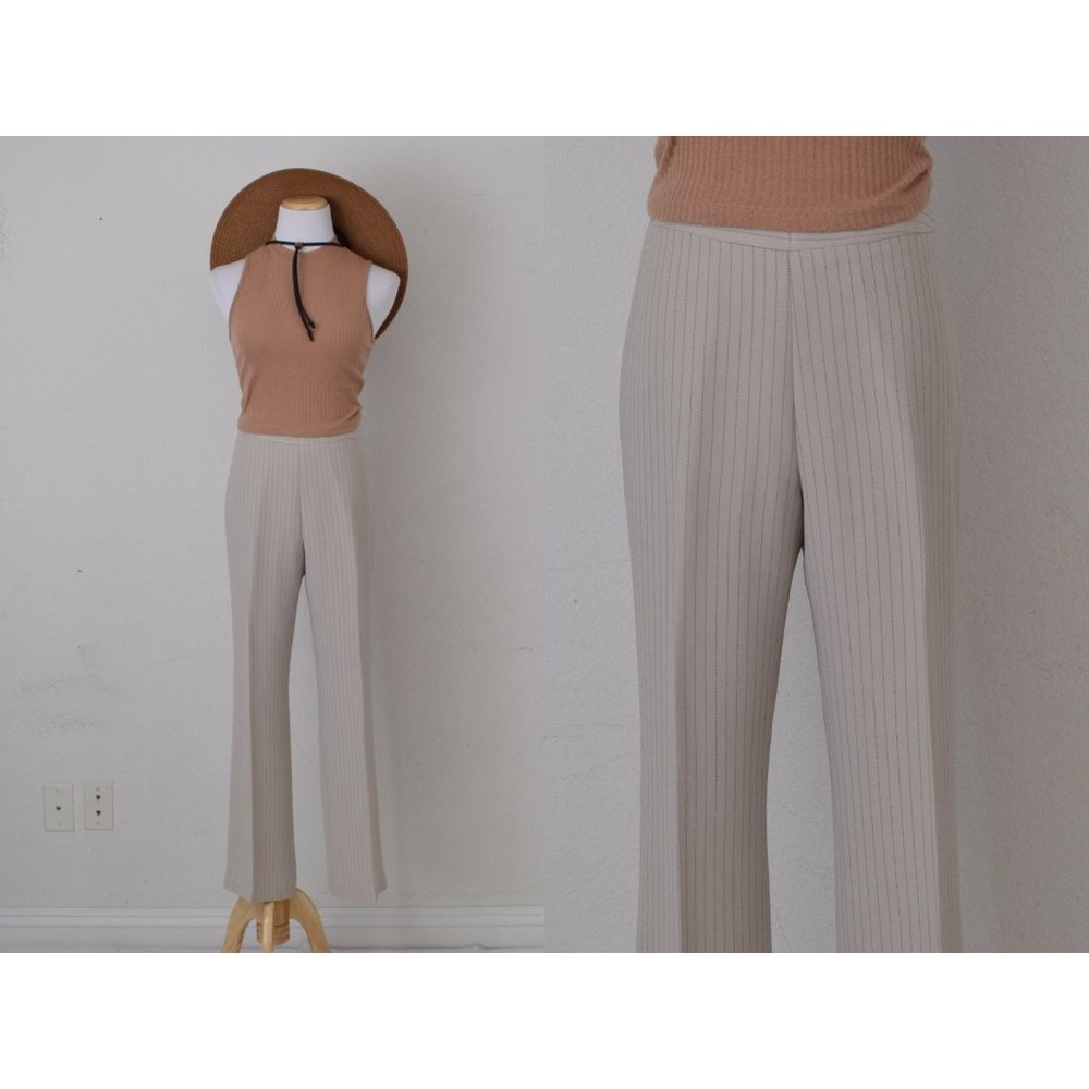 Vintage 00s Mid-Waist Beige Chalk Stripe Trousers |‎ 30 waist